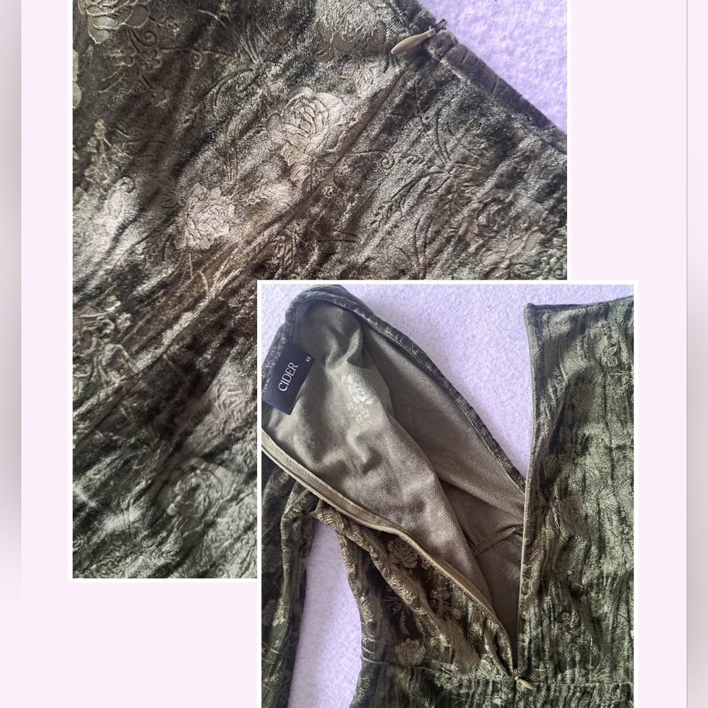 Cider Olive Velvet Floral Rose Long-Sleeve V-Neck Bohemian Whimsigoth Mini Dress - Picture 5 of 15